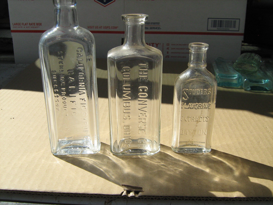 3 Early 1900S Embossed Cork Top Glass Bottles The Converse Co. Columbus, Ohio, California Fic Syrup Co., Souders Extracts Dayton, Ohio