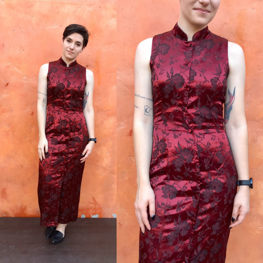 Vintage 1990S Brocade Cheongsam Maxi Dress. Boho Burgundy Black 90S Dress Mandarin Collar Small Size 4 6