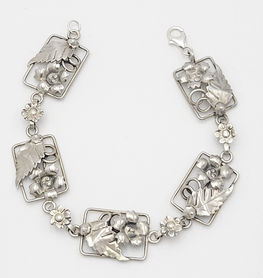 Art Deco Raised Relief Flora Fauna Sterling Silver Panel Links Bracelet 40/50S