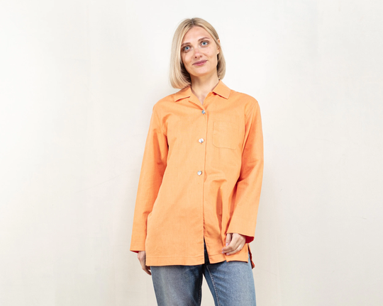 Linen Blend Shirt Women Camp Collar Orange Long Sleeve Shirt 90S Summer Oversized Button Front Minimalist Size Large