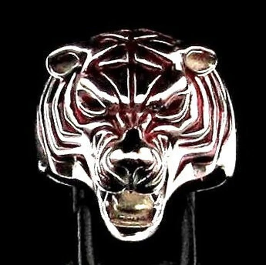 Sterling Silver Tiger Ring Predator With 2 Fiery Red Cz Eyes & Enamel Stripes High Polished 925 Wild Animal