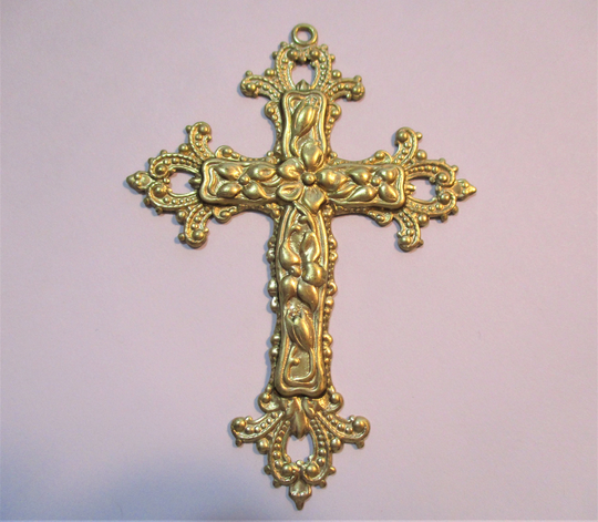 Vintage Ornate Floral Design Stamped Brass 77mm Cross Pendant with Bright Finish, Unused Studio Stock, 1 Piece