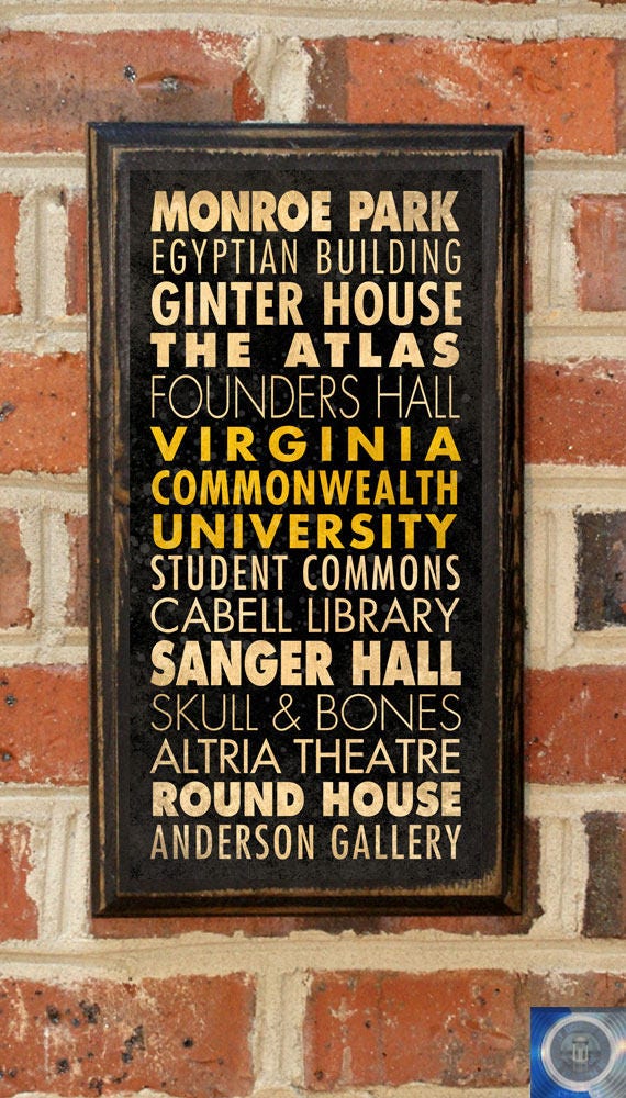 Virginia Commonwealth Rams Points Of Interest Wall Art Sign Plaque, Gift Present Home Decor Vintage Style Rowdy Rodney Richmond Vcu Antiqued