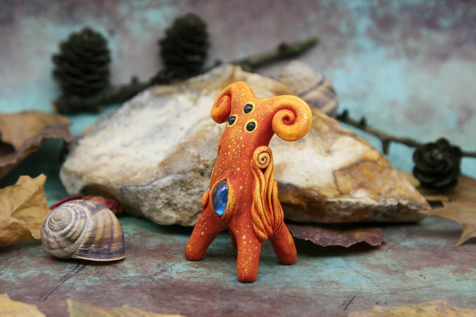 Cute Horned Three-Eyed Alien Horse Ram Centaur Demon - Bizarre Handmade Fantasy Ornamental Clay Figurine For Art Collection Or Gift