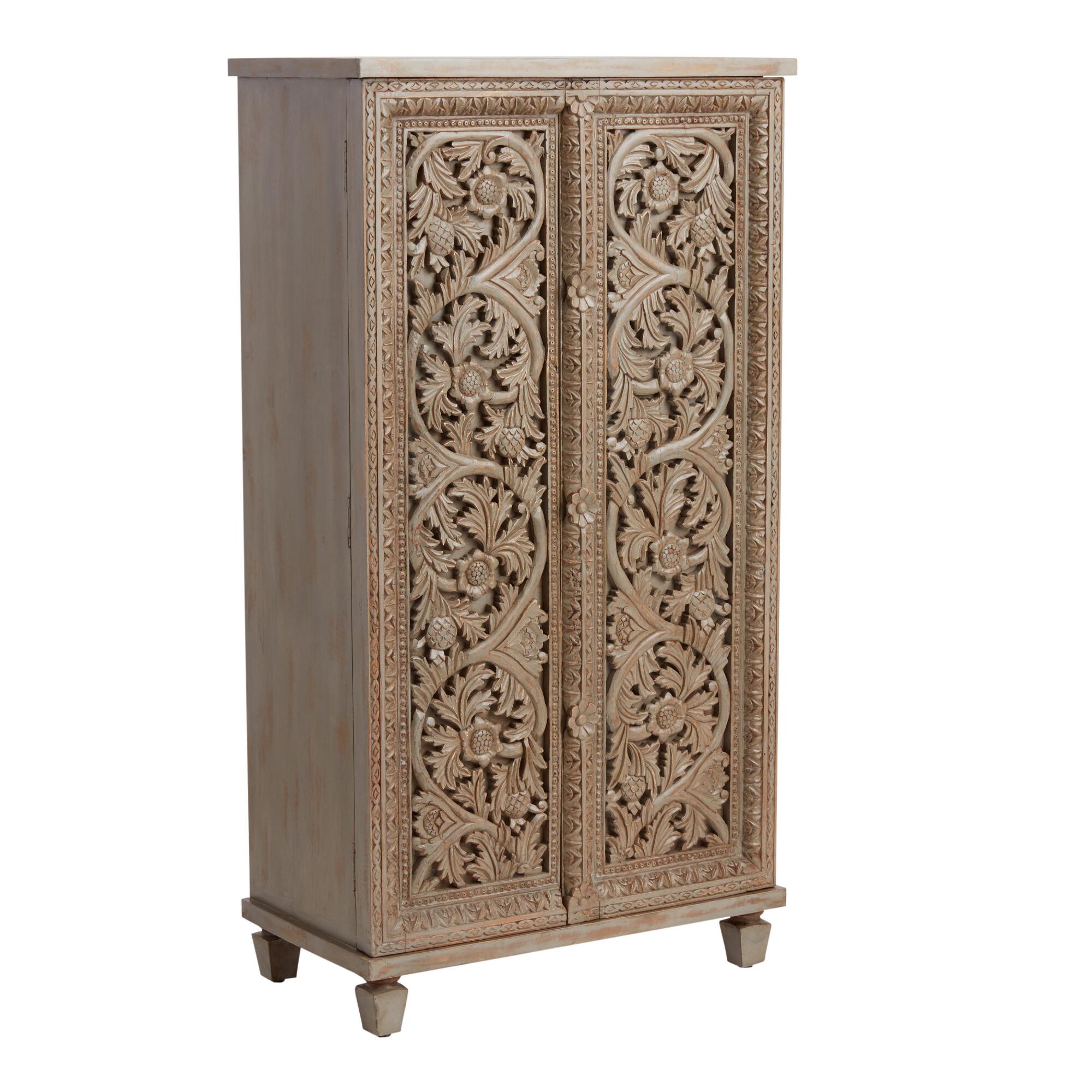 Olive Carved Wood Floral Vine Almirah Storage Cabinet by World Market