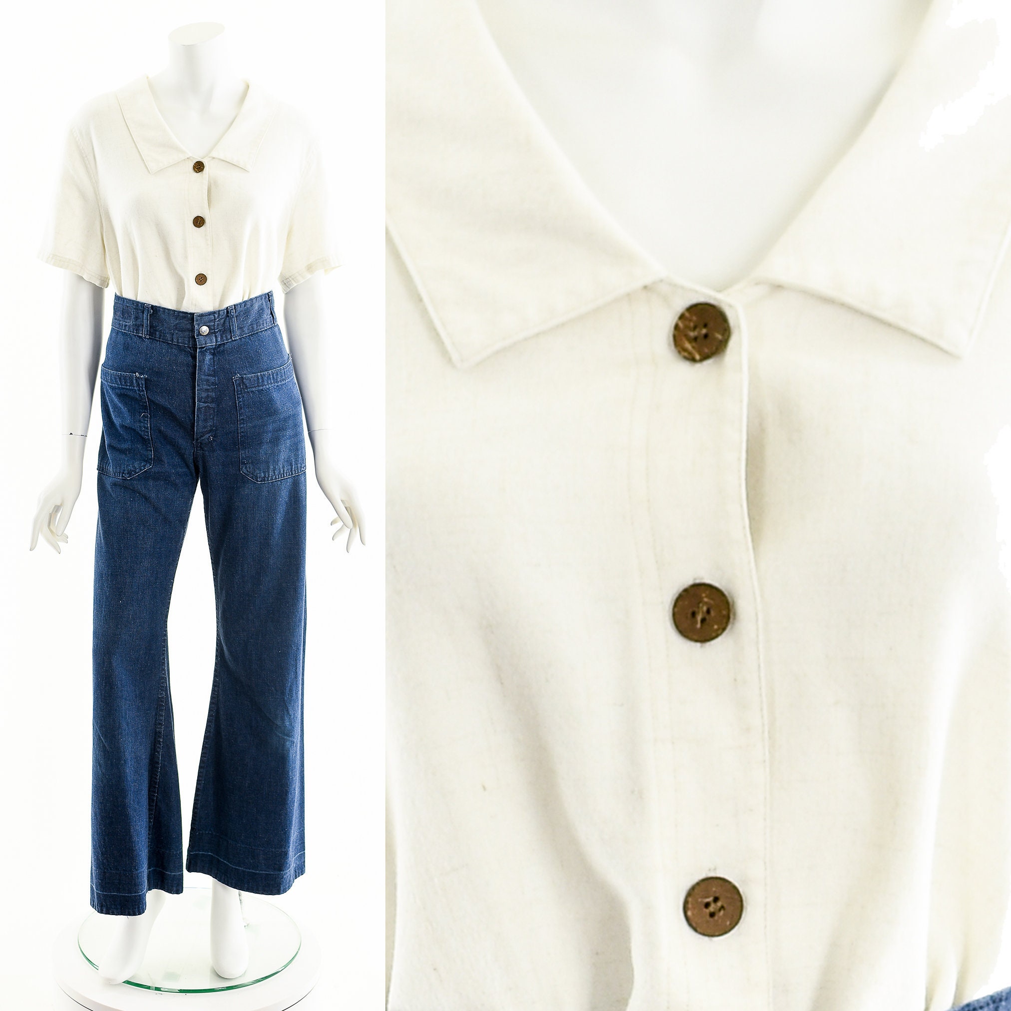 Linen Button Up Blouse, Linen Blend Top, Safari Inspired Blouse, Utilitarian Top, Summer Travel Blouse, Vintage White Blouse, Peter Pan Top