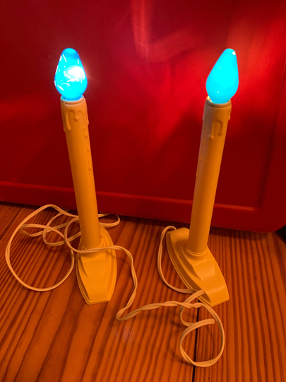 Vintage Electric Candoliers Pair 2 Candle Lights Window Christmas Plastic Blue Bulbs Holiday Décor Tree Trimmings