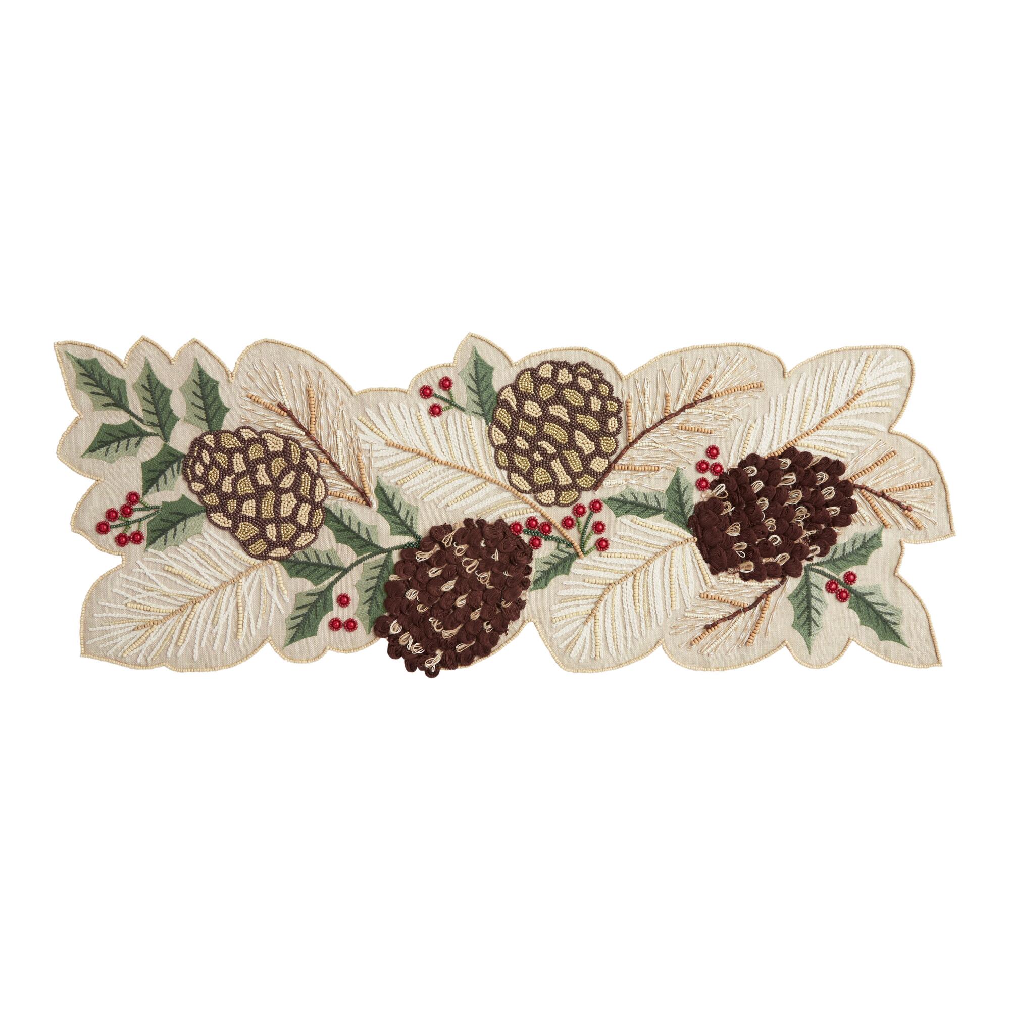 Pier Place Natural Beaded Pinecone Table Runner: Multi - Acrylic by World Market