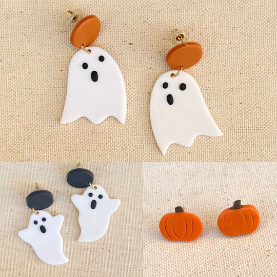 Halloween Earrings, Polymer Clay Ghost Pumpkin Handmade Earrings