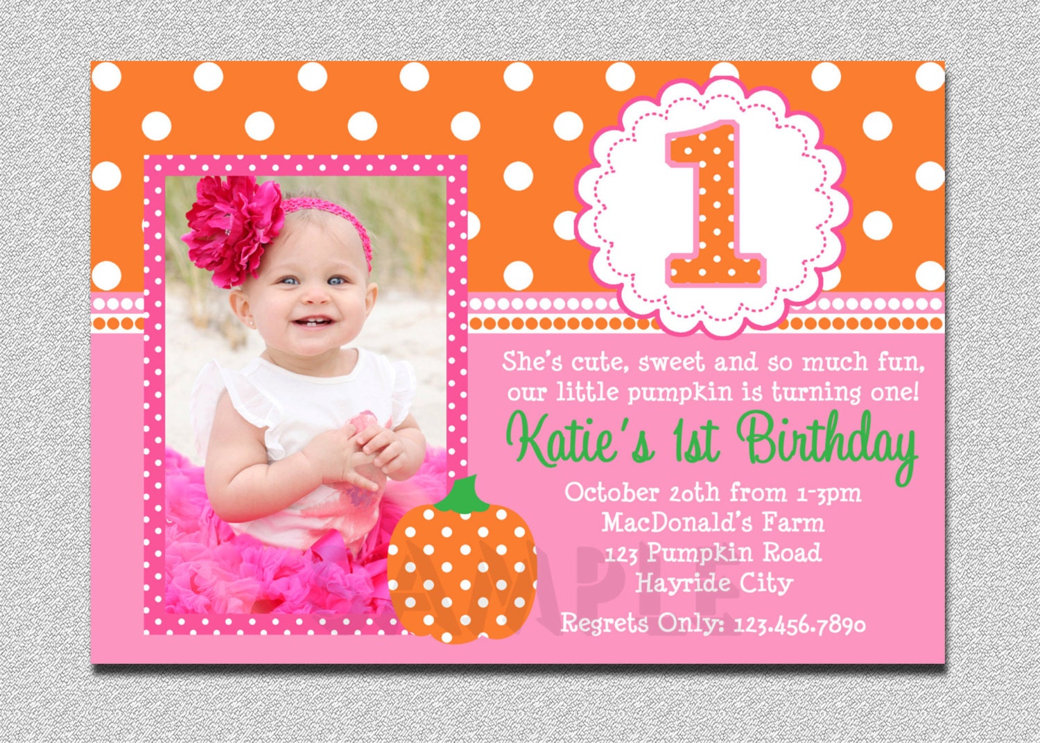 Pumpkin Birthday Invitation, 1st Party [Pink Pumpkin Birthday Invitation, Printable Boys Or Girls