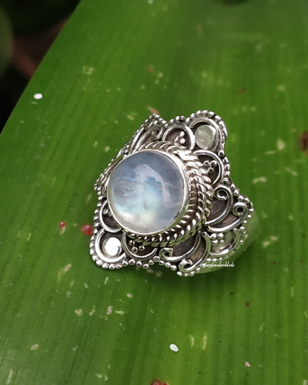 Boho Moonstone Ring, 92.5% Silver Ring, Designer Circle Stone Healing Crystal Statements Rainbow Jewelry
