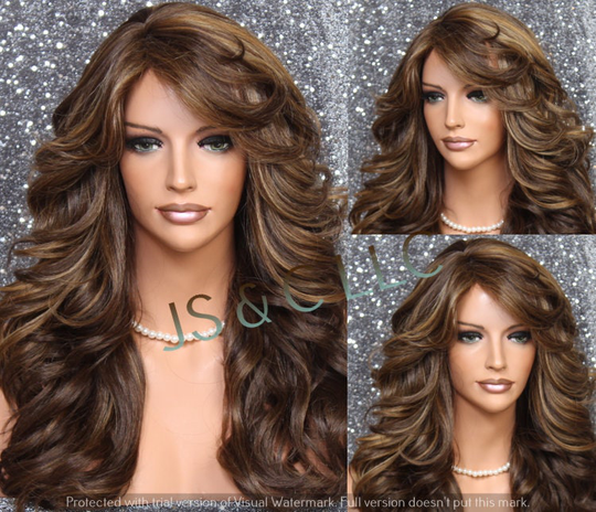 Human Hair Blend Long Full Luscious Heat Ok Wavy Wig With Romantic Feathered Sides Bangs Layers Of Beautiful Brown Caramel & Blonde Mix