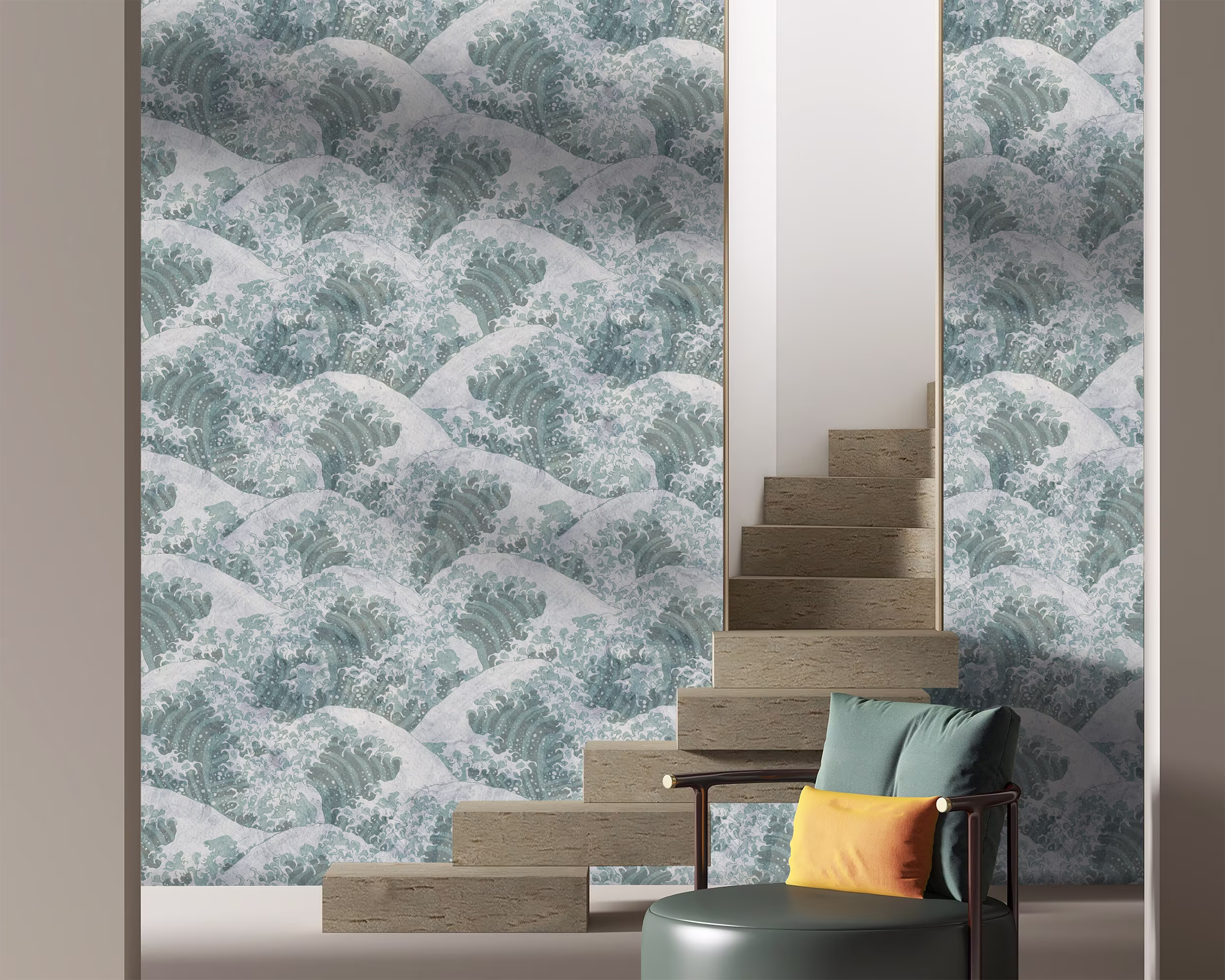 Japanese Art Teal Waves Sea Foam Wallpaper, Removable Blue Gray Wallpaper