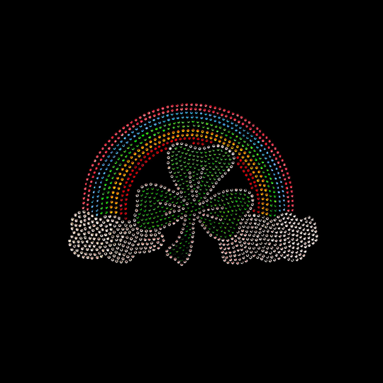 Rhinestone Transfer " Rainbow Shamrock Clover 8.75" Width X 5.75" Height Hotfix, Iron On, Bling