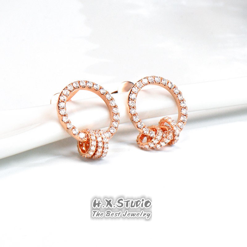 Hx Jewelry | Diamond Rolling Circle Charms Stud Earrings in Solid 18K Gold, Custom Fine Jewelry, Fancy Stud, Elegant Gift For Her