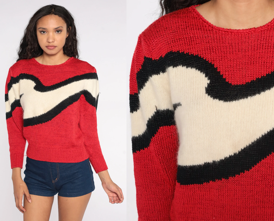 80S Puff Sleeve Sweater Red Angora Wool Blend Color Block Striped Knit Pullover 1980S Vintage Small