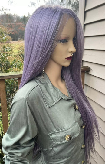 Long Lilac Color Front Lace Side Part Human Hair Blend Daily Wig./Cosplay Party