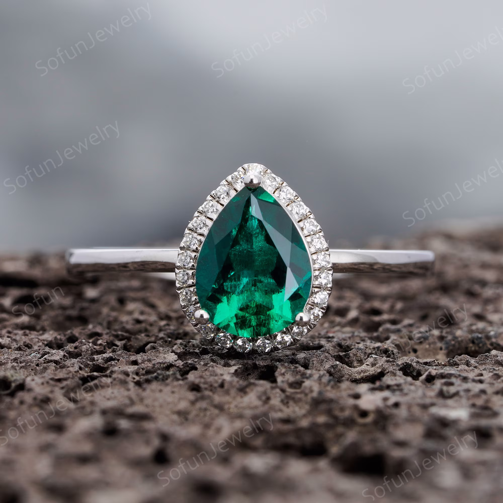 Vintage Pear Cut Emerald Moissanite Engagement Wedding Halo Ring, Unique Teardrop Silver 925 /14K White Gold Promise Ring Gift For Women