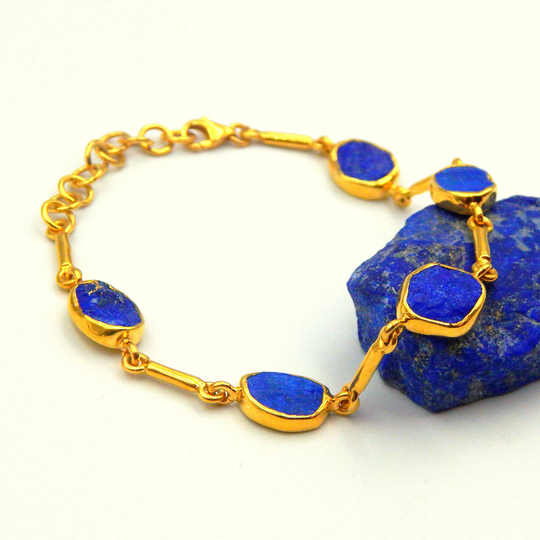 Lapis Lazuli Bracelet, Raw Gemstone, Chain Link September Birthstone, Statement Sterling Silver Gold Plated, Mother's Day