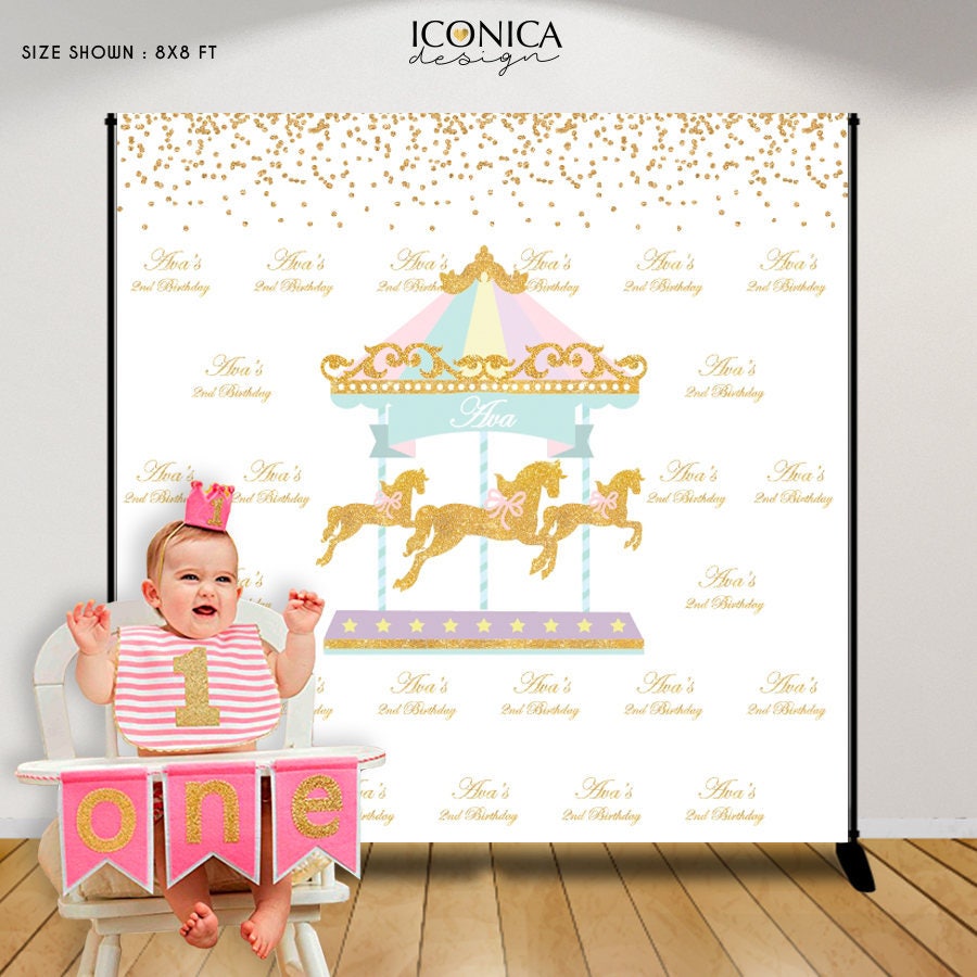 Carousel First Birthday Backdrop, Any Age, Party Decor, Pink Carnival Pastel Colors, Printed Or Printable File