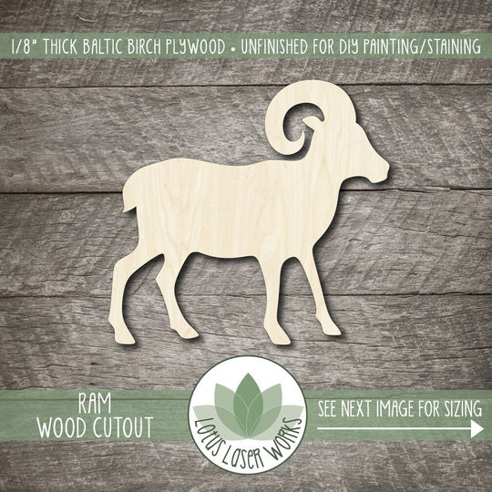 Bighorn Sheep Shape, Wood Craft Supply, Unfinished Blanks, Laser Cut Wooden Ram Cutout, Animal Embellishment
