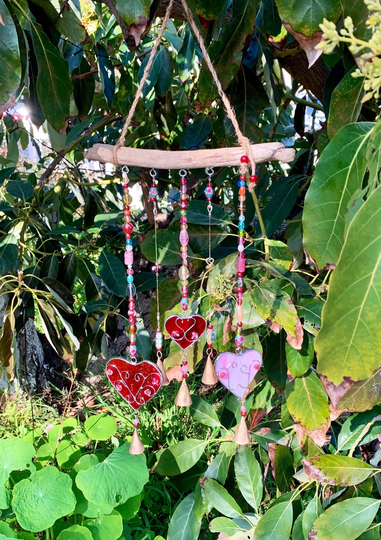 Bohemian Love Red & Pink Stained Glass Hearts Beaded Bejeweled Driftwood Wind Chime Sun Catcher Mobile