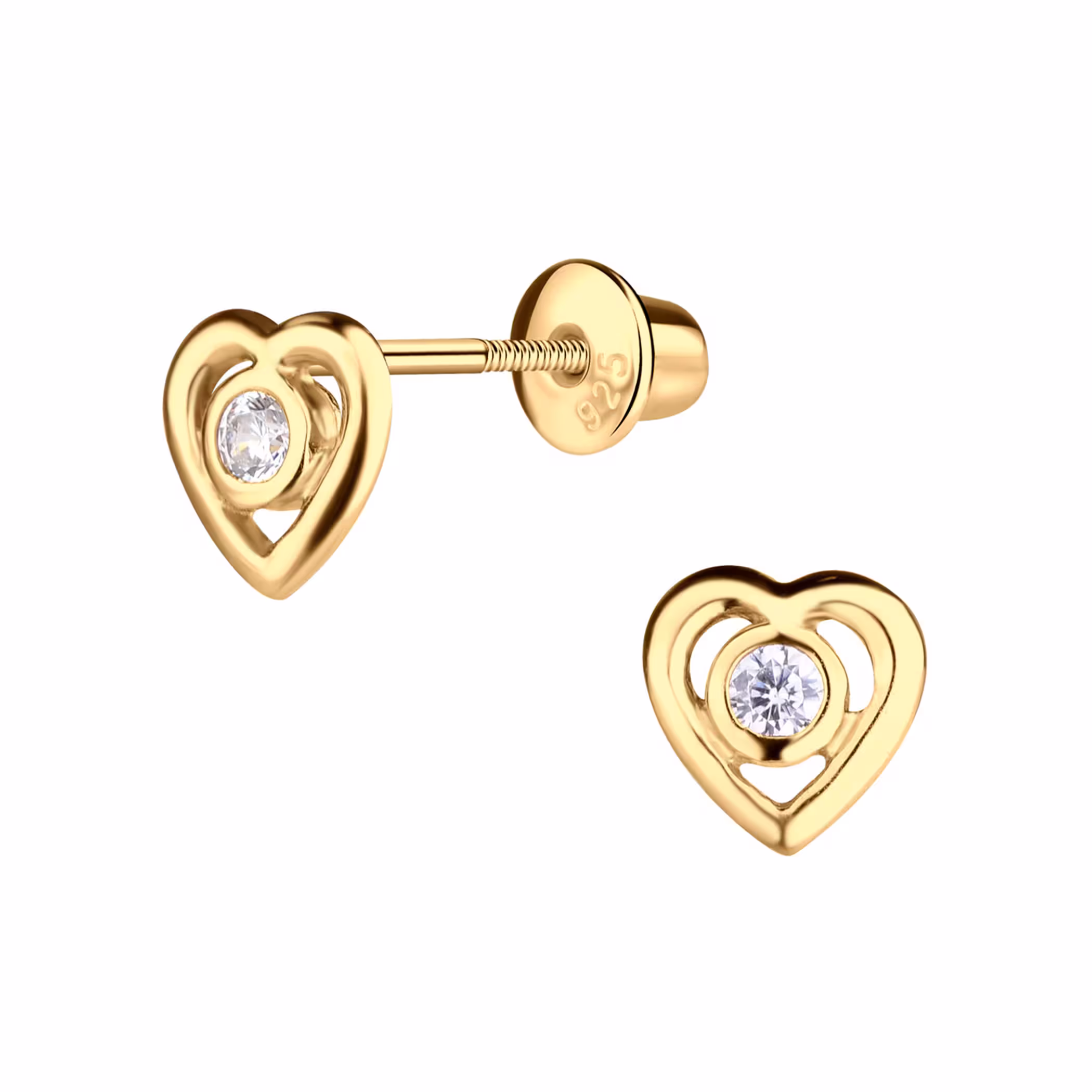 Kids 14K Gold-Plated Heart Earrings With Cz Screw Backs For Infant, Little Girls, Toddler Jewelry, Hypoallergenic Baby Stud