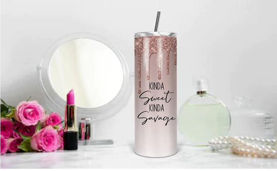 Kinda Sweet Savage Rose Gold Glitter Custom Skinny 20 Oz With Straw