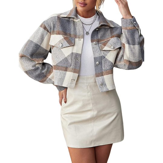 Womens Cropped Flannel Shirt Jacket Wool Blend Plaid Long Sleeve Shacket Button Down Jacket Coat - grey, large
