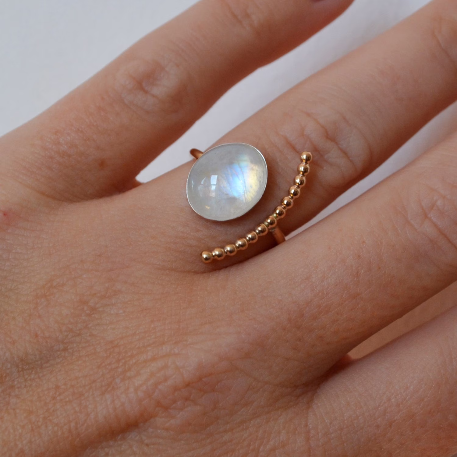 Moonstone Half Moon Ring, 14K Gold Filled Rainbow Open Stone Gemstone Ring