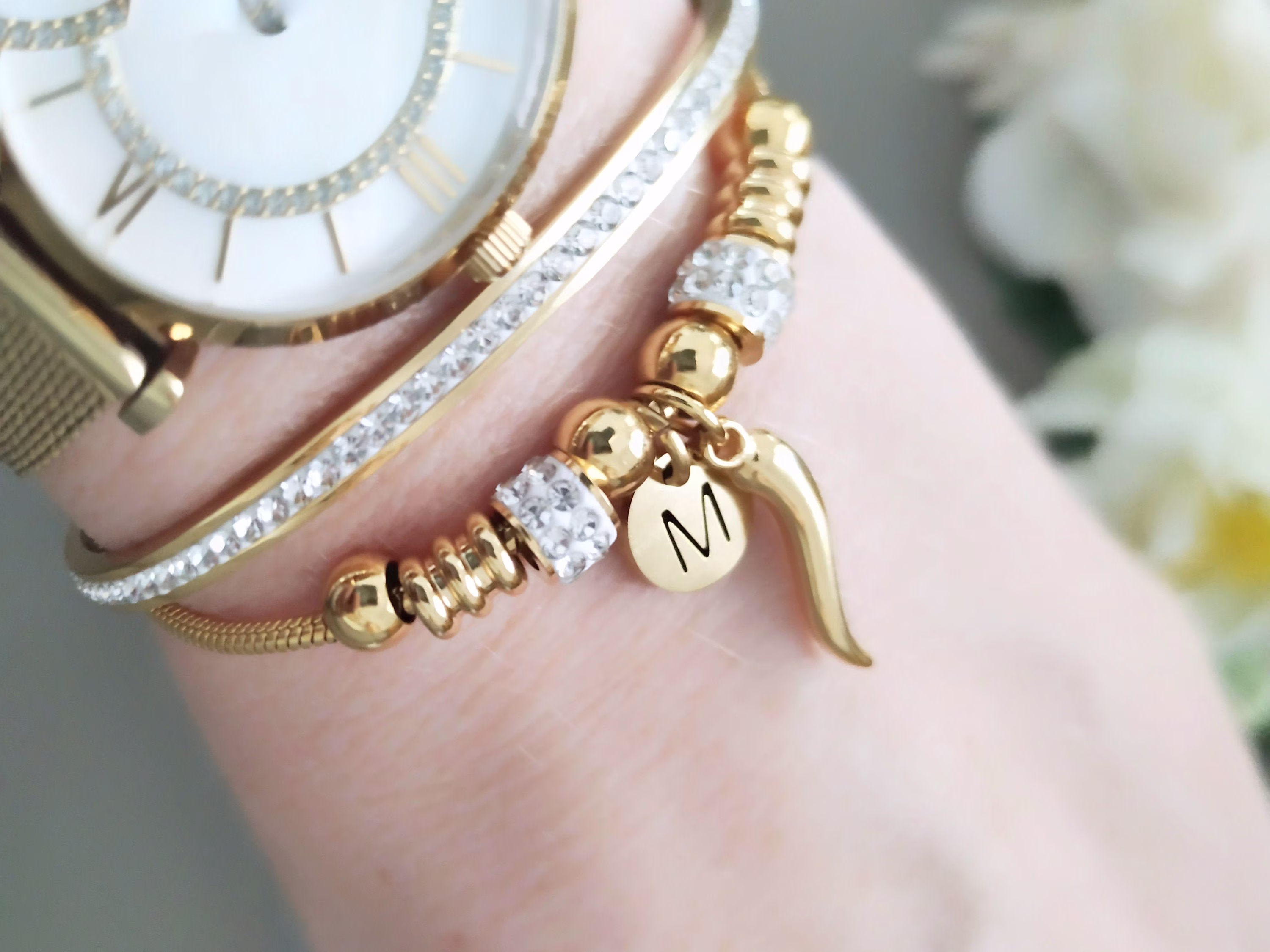 Gold Italy Horn Bracelet, Italian Women Gift, Bangle Jewelry, Personalized With Initial, Hypoallergenic Stainless Steel, Adjustable Size