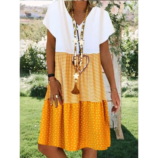 Neck Short Sleeve Cotton-Blend Dresses - Yellow, L
