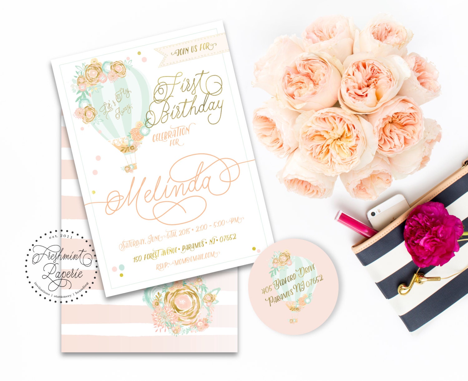 Printable Invitations - First Birthday Invitation Hot Air Balloon Watercolor Freshmint Paperie