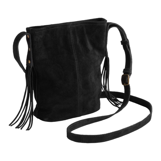 Black Suede Fringe Bucket Bag by World Market