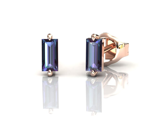 Alexandrite Baguette Earrings, Dainty Cluster Set 14K Rose Gold Studs, Minimalist Anniversary Jewelry, June Birthstone Gemstone Earrings