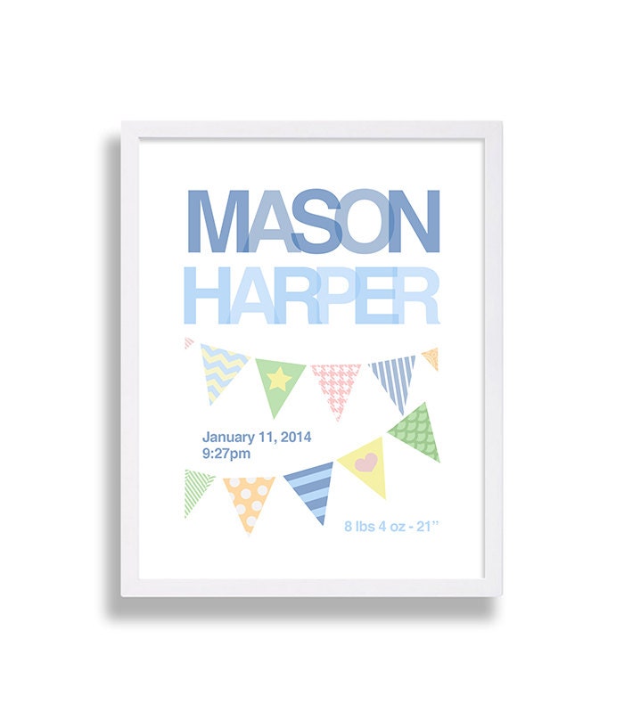 Personalized Baby Name Nursery Decor Stats Print Boy Room Blue Art Custom Bunting