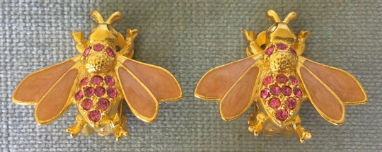 Chic Ivana Signed Pink Bumblebees Diamanté Crystal Enamel Clip Earrings Gold Metal Vintage Designer Couture Runway Animal Bug Fly Statement