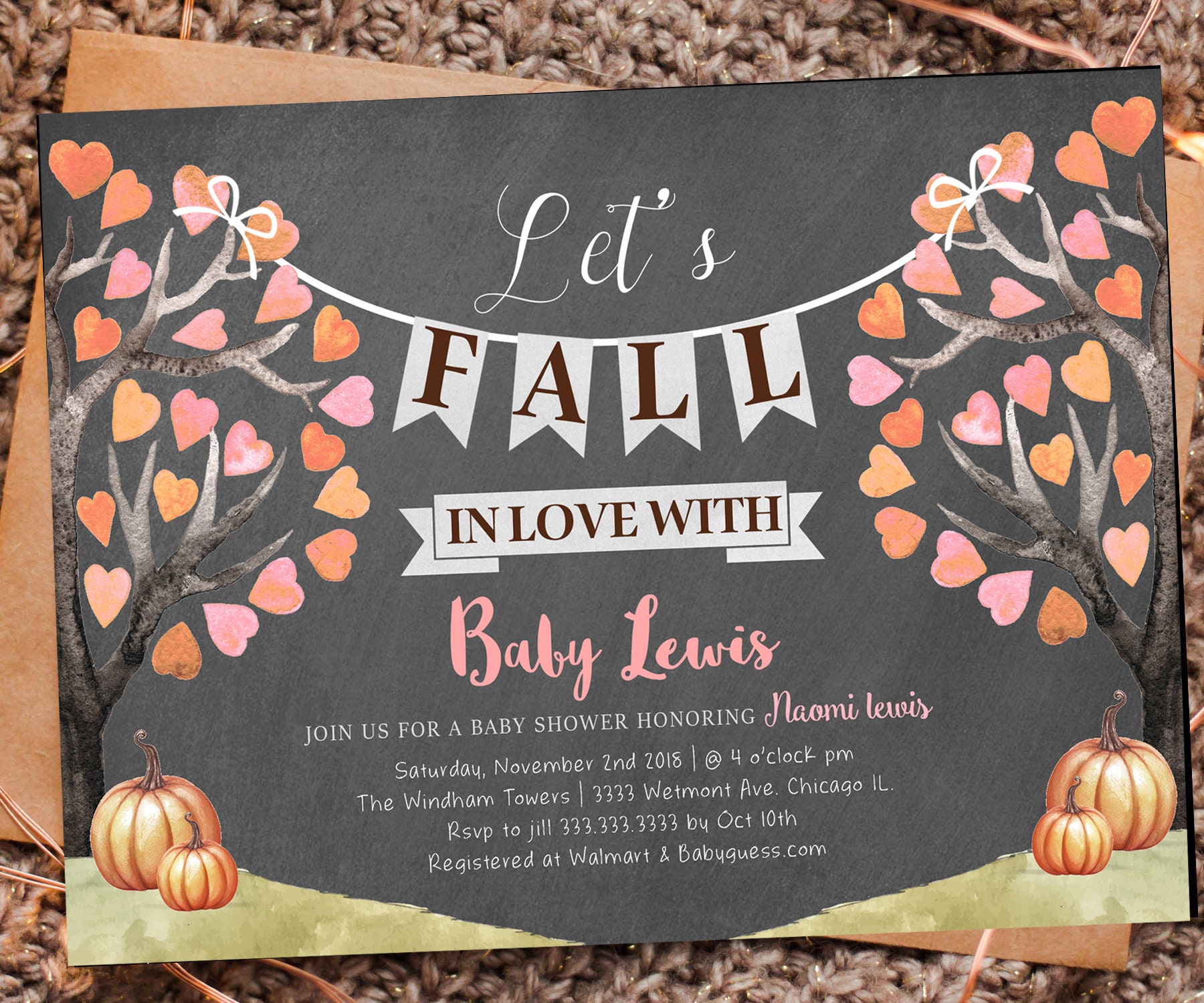 Pumpkin Baby Shower Invitations, Girl Little Fall Baby Shower, Chalkboard Fall Shower Invite, Watercolors, Pink