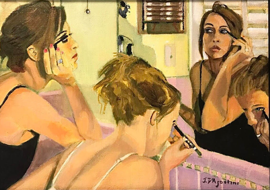 Judith D'agostino, Original Oil On Canvas, "Move Over, " Signed in Paint Lower Right, Black Contemporary Frame Included, Excellent Condition