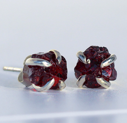 Raw Garnet Earrings, Stone Stud Crystal Jewelry, January Birthstone Sterling Silver Earrings