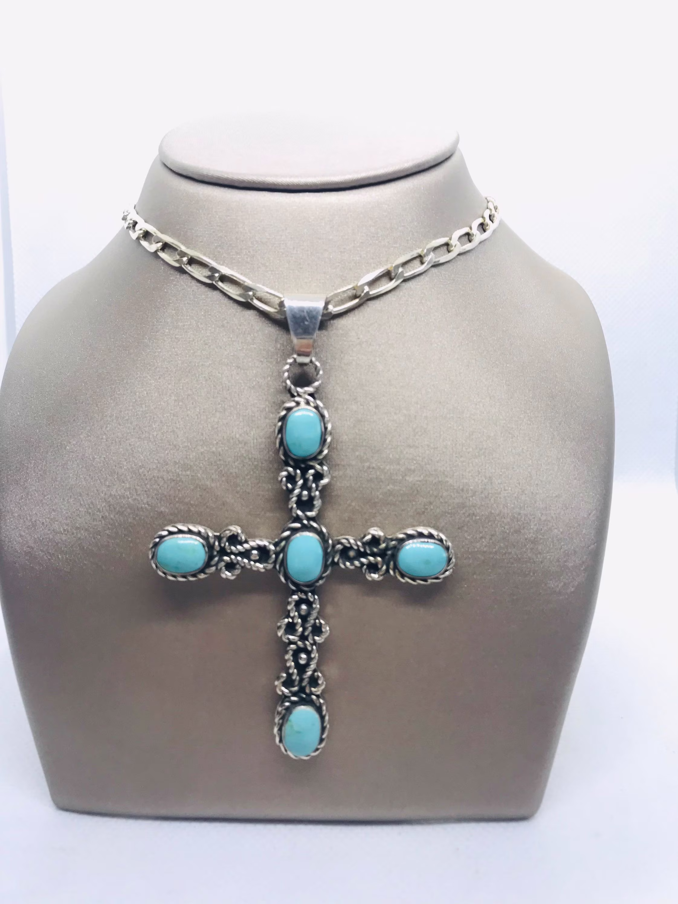 Silver Vintage Oxidized Ornate Large Turquoise Cross Pendant With 24" Long, 4.35mm Figaro Chain