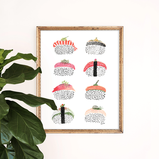 Sushi Art Print | Japanese Wall Giclee Poster Seafood Hanging Children's Home Decor Nursery Painting Gouache Illustration