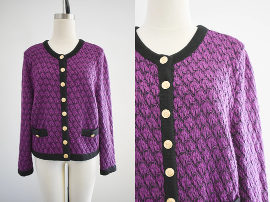 1980S Purple & Black Cotton Blend Cardigan Sweater