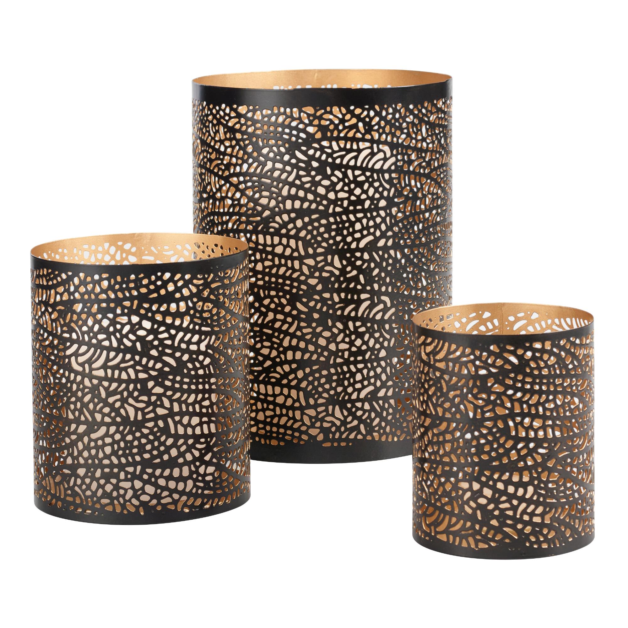 Black and Gold Leaf Cutout Hurricane Candle Holder: Black/Gold by World Market