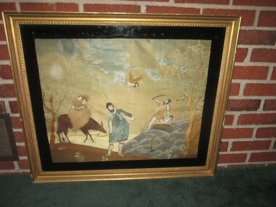 Antique C1810 American Allegorical Large 30x25 Framed Silk Embroidery Of Holy Family & Abraham Preparing To Sacrifice Isaac