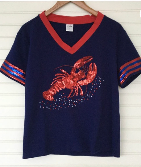 Monogrammed Crawfish Short Sleeve Tee, Sequin New Orleans, Fleur De Lis, Cajun, Louisiana, Embroidery, Initials, Seafood Boil