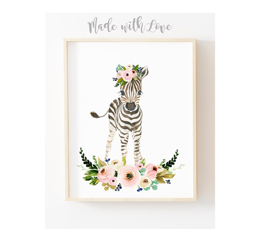 Safari Nursery Prints Zebra Painting, Decor, Nursery Wall Art Gir, Animal Girl Room Design, Flower Crown Baby