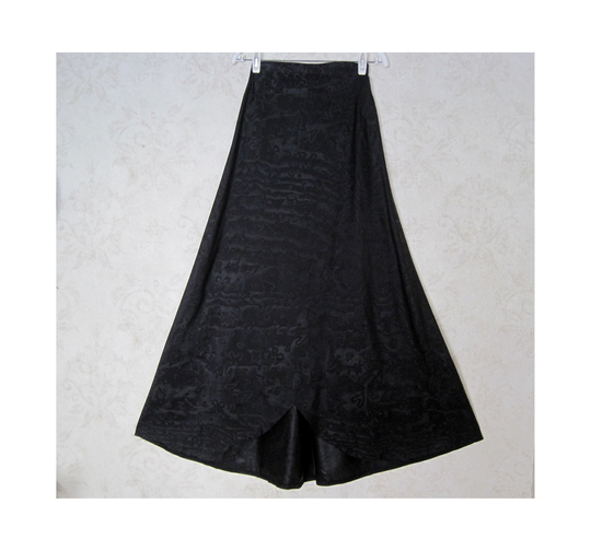 Antique Victorian Skirt/Black Silk Edwardian 1900S Novelty Print Fabric Floor Length Playing Card Poker Heart Club Spade Diamond