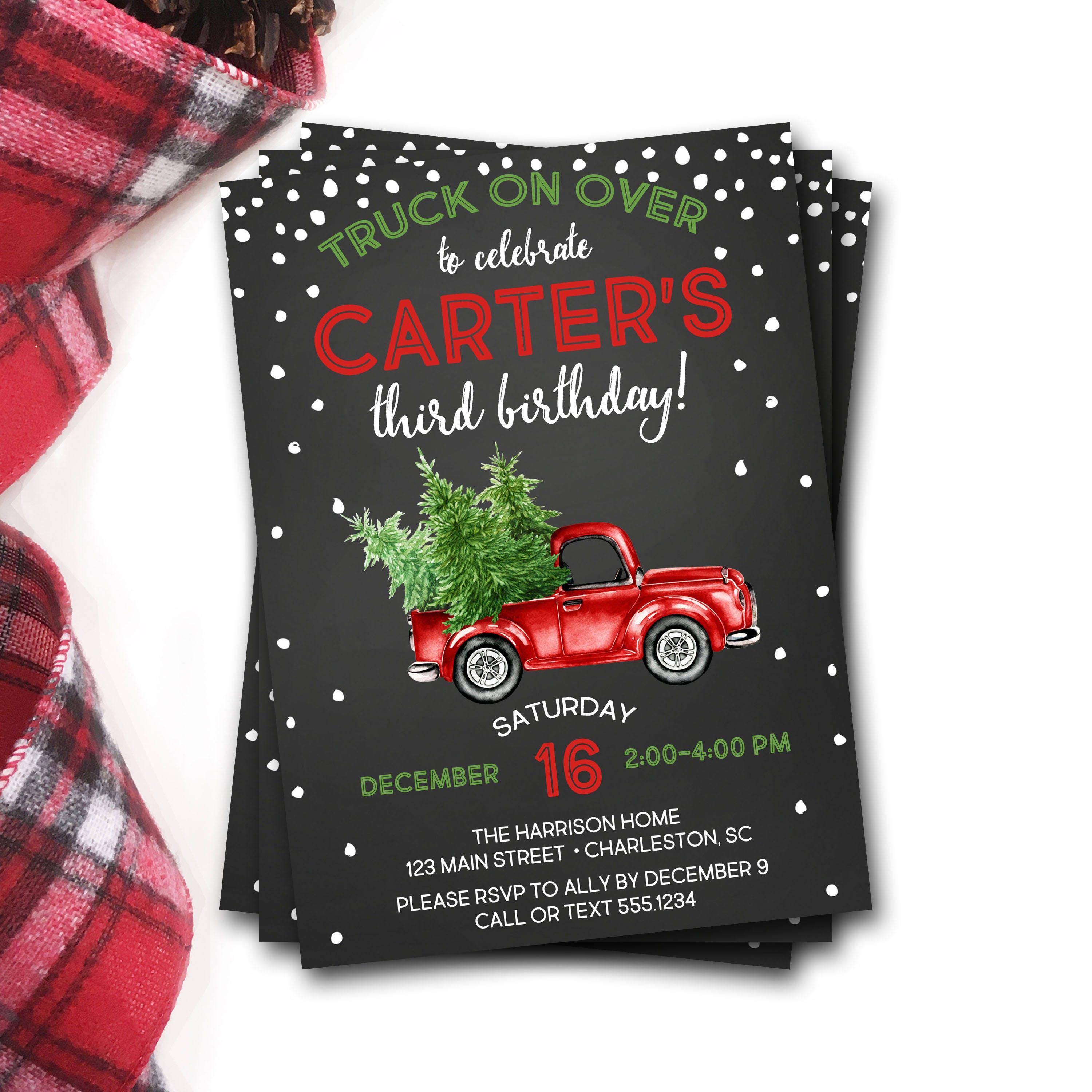 Christmas Truck Birthday Invitation, Winter Rustic Invitation