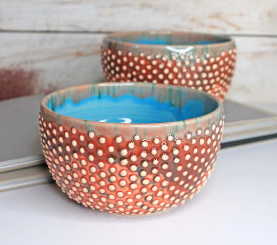 Red Blue Pottery Bowl With Polka Dots, 26 Oz